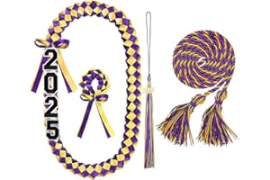ATCCPYDM Graduation Ribbon Lei Class of 2025 Handmade Braided Necklace Honor Cord with Tassel Grad Lei Kit for Graduate Women Men High School College Grad Party Supplies(Yellow+Purple)