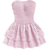 SOLY HUX Women's Ruffle Tube Mini Dress Shirred Strapless Sleeveless Eyelet Embroidery Layered A Line Summer Dresses