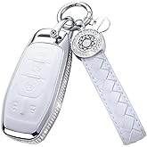 SHANGHONG for Ford Key Fob Cover with Keychain, Leather Crystal Key Case Protector Compatible with Ford Fusion Mustang F150 Edge Explorer Lincoln MKZ MKC MKX Smart Remote Key, White