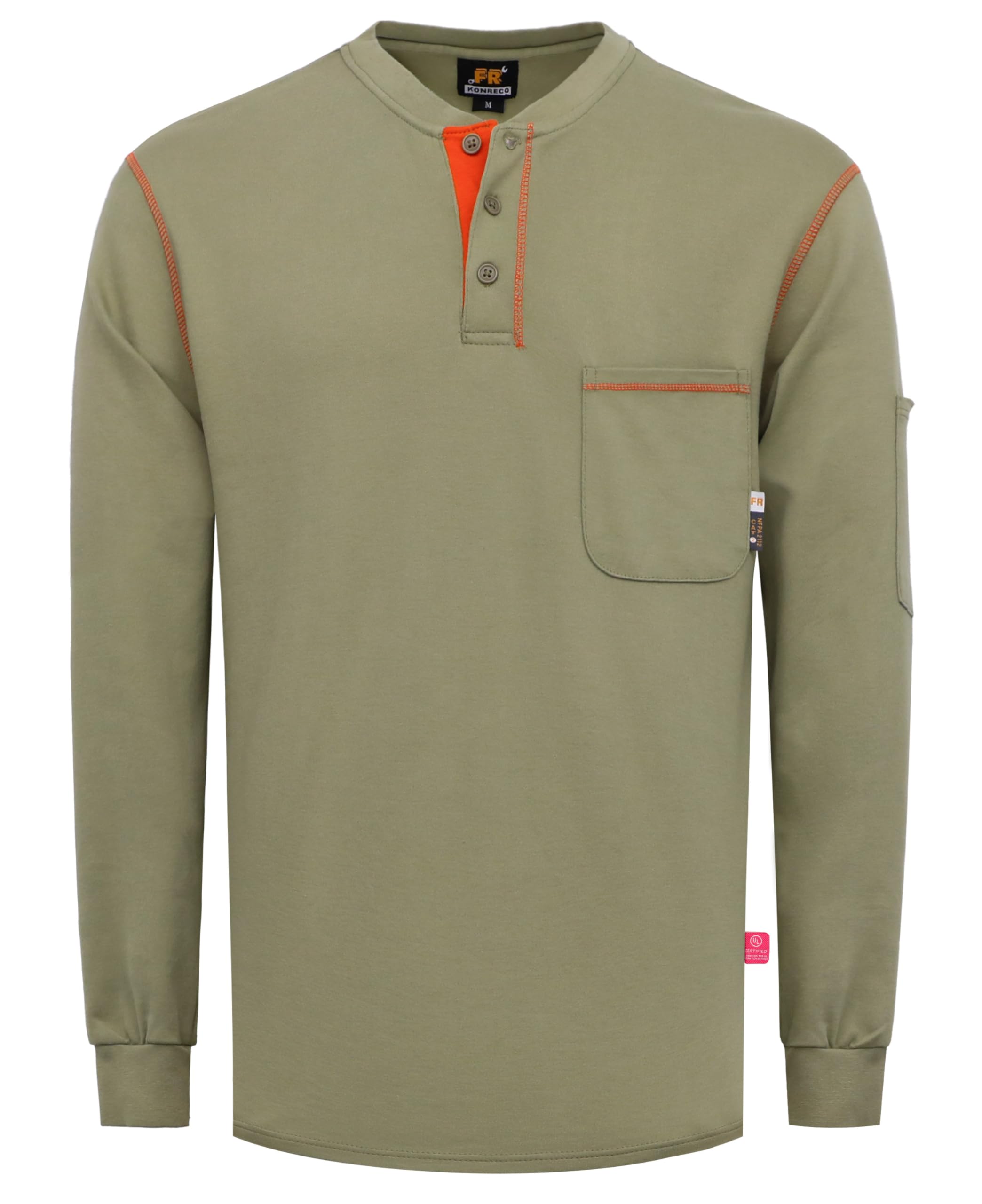KONRECO FR Shirts for Men Long Sleeve Henley 7oz 100% Cotton FRC Clothing Welding Shirt Khaki Image