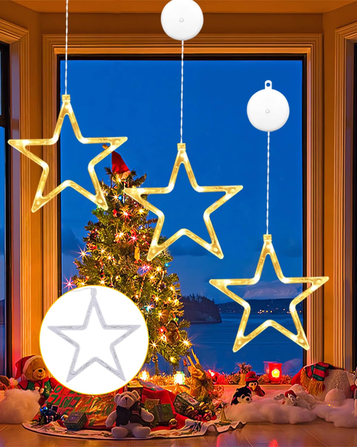 ONSTUY LED Stars Christmas Lights,3 Pack LED Christmas Window Lights,10 LEDs Christmas decorations with Timer for Window Decoration, Christmas Decoration, Balcony,Party,Wedding,Warm White, ON-WJX-3P