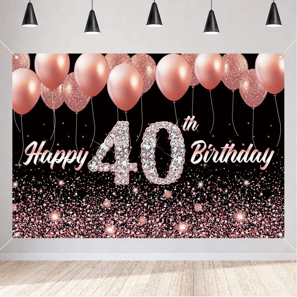 40th Birthday Decorations for Women, Happy 40 Years Old Backdrop Banner Fabric Sign Poster, Glitter Photography Background 40th Birthday Party Supplies Welcome Sign, 150cm x 90cm