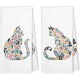 XBBMGG Flower Cat Kitchen Towels Set of 2, Floral Cat Dish Hand Tea Towels, Kitten Lovers Mom Lady Gifts Decorative Towels for Bathroom Kitchen, 16x24 Inch