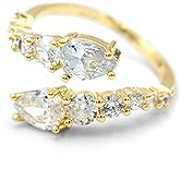 Adjustable Bypass Mixed Cut CZ Engagement Ring, Yellow Gold Filled Metal, Round & Pear Shaped Cubic Zirconia