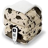 blunique Cow Print Heated Blanket Full-Heating Electric Blanket Full with 10 Heat Levels & 10 Hours Auto-Off, Cozy Soft Fleece Sherpa, Washable, 72 x 84 Inche Cow Print Light Brown