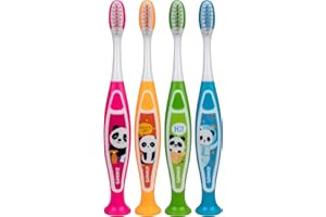 PRO-SYS Kids Toothbrush with Suction Cup, Sammie The Panda, Animal Design, Soft Bristles for Boys & Girls, Toddlers & Children Ages 2+, Pack of 4