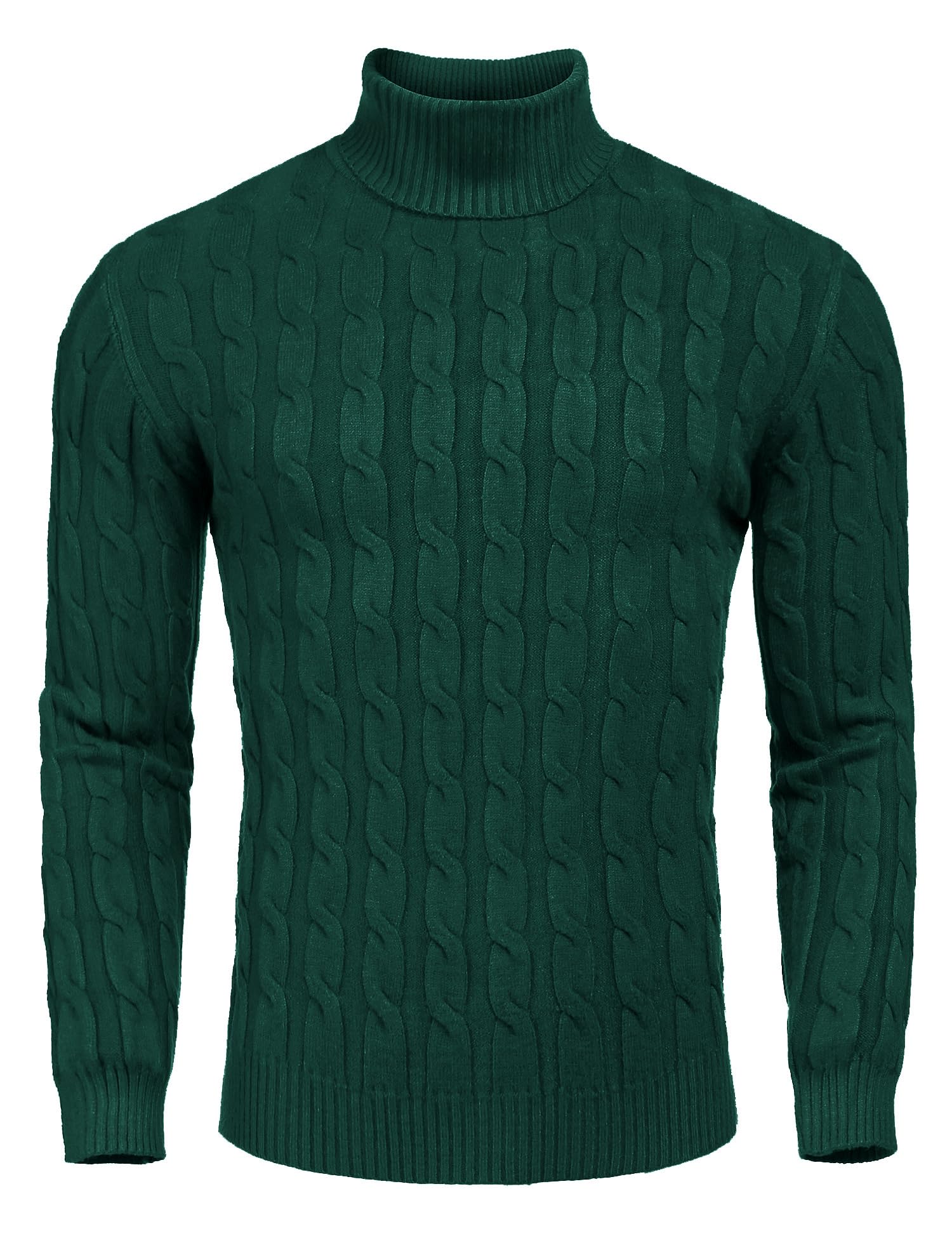 COOFANDY Men's Slim Fit Turtleneck Sweater Casual Twisted Knitted Pullover Sweaters Green Image