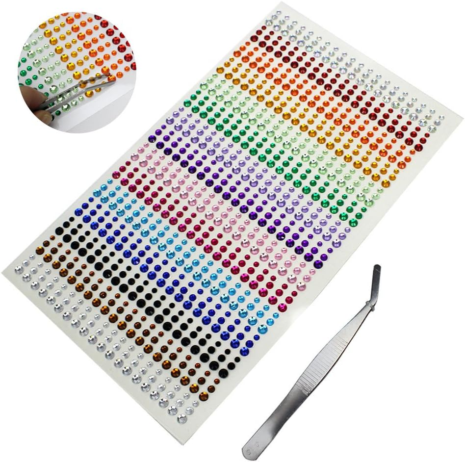 JUSLIN 900 Pcs 3mm 4mm 5mm Colorful Rhinestone Stickers Gem Stickers, 1 Pair of Elbow Tweezers as Gift