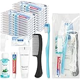 SLequipo Travel Toothbrush Kit Bulk Hygiene Kit Bulk Individually Packed with Mouthwash,Toothpaste,Comb,Zip Bag,Facial Cleanser,Soap and Floss Picks for Hotel Camping Homeless (5)