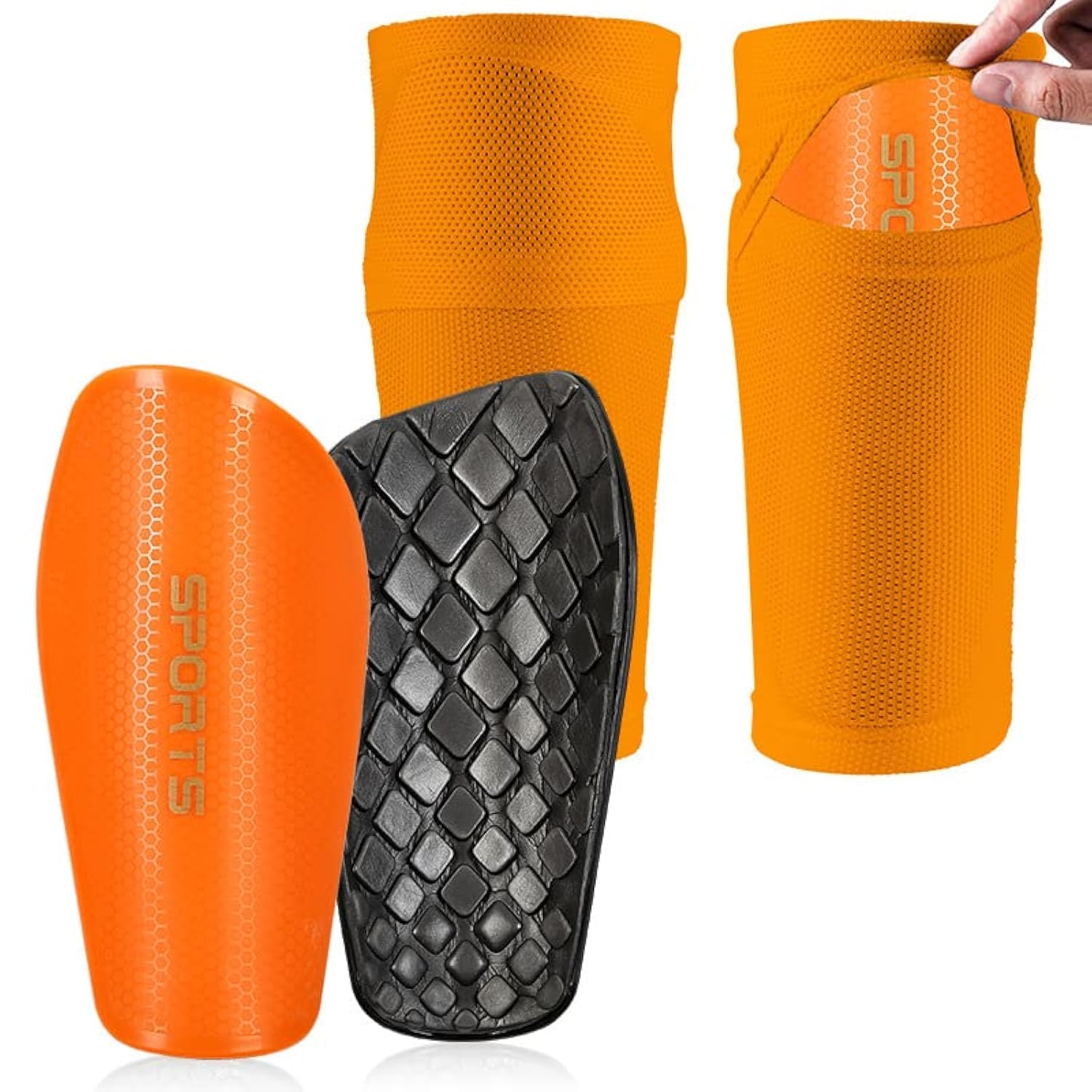 Photo 1 of Soccer Shin Guards for Kids Adults incl. Sleeves with Optimized Insert Pocket - Protective Soccer Equipment for Boys Girls Men (Small, Orange)