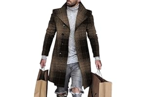 BIVENANT Plaid Trench Coat for Mens Lapel Single Breasted Slim Jacket Overcoat Vintage Graphic Wool Blend Formal Pea Coats