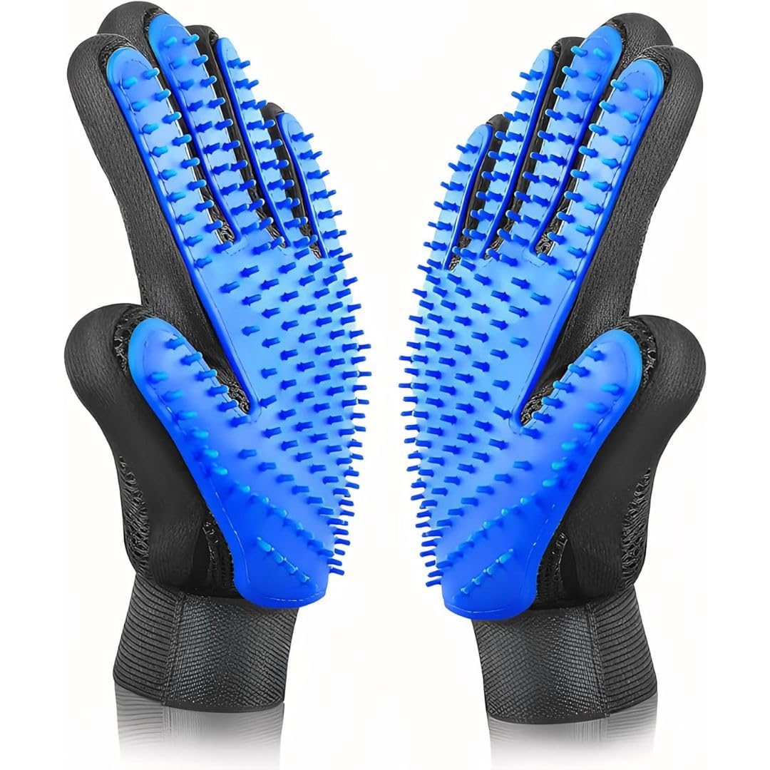 Pet Grooming Glove, Pet Brush Glove, Deshedding Brush Glove, Pet Hair Remover Brush, Bath Tool for Pets, Grooming Pet Mitt For Dogs, Cats & Horses with Long/Short/Curly Hair (Blue)