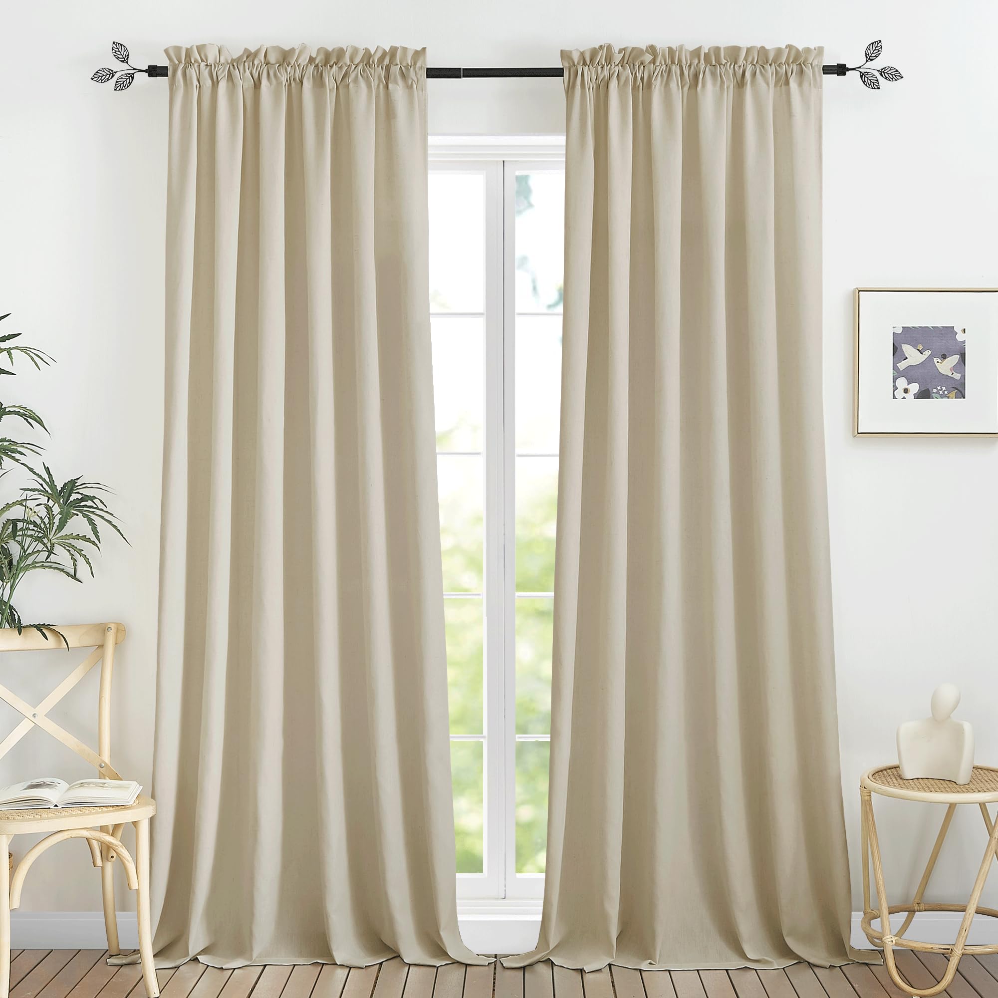 RYB HOME Farmhouse Linen Sheer Curtains 95 inches - Boho Flowing Privacy Transparent Balance Flax Linen Window Drape for Cottage Living Room, W70 X L95, Taupe, 2 Panels Set Image