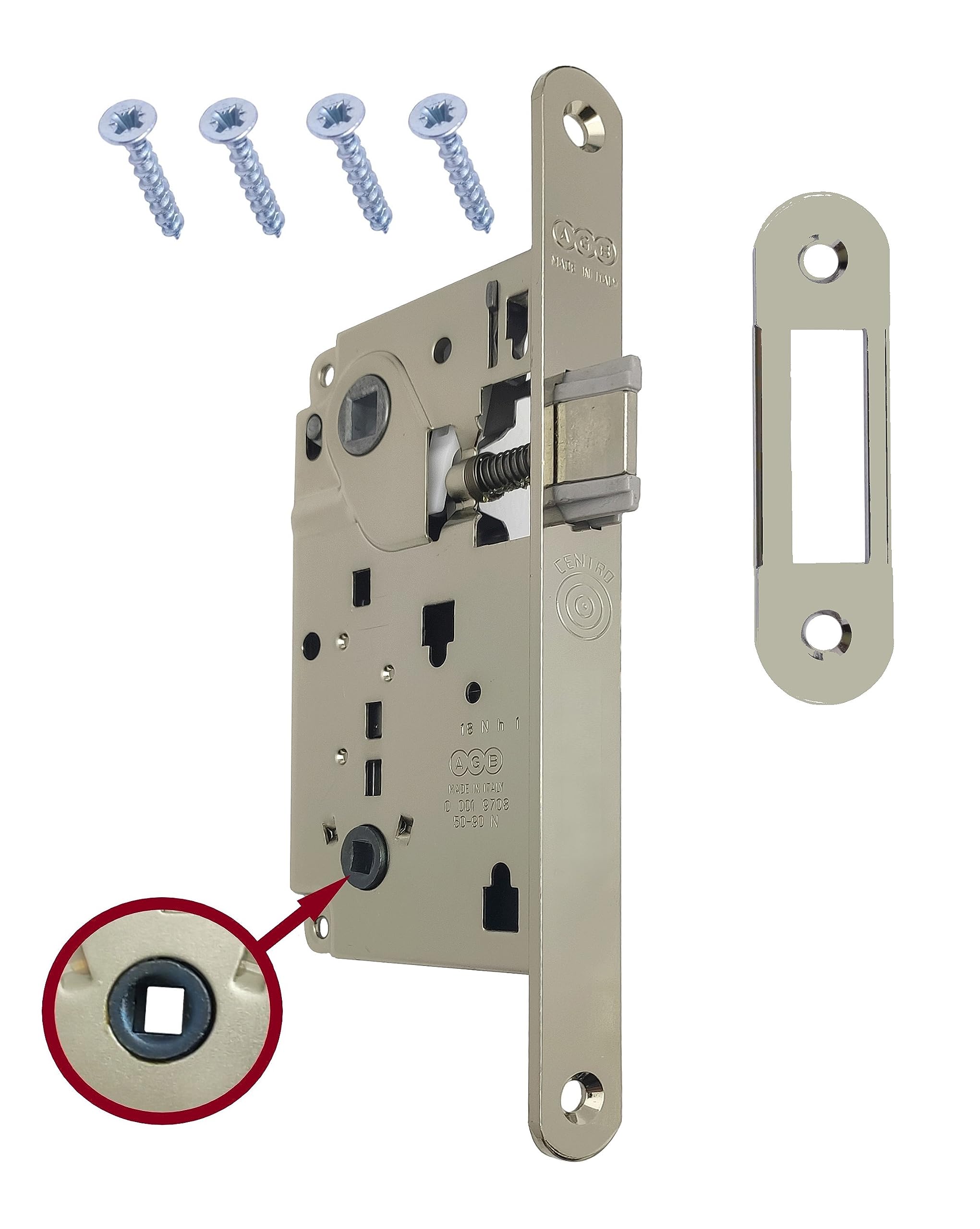 AGB Recessed Internal Door Lock for Bathroom Toilet Centro Series (Front 22 x 196 cm, Latch, Shiny Nickel-Plated)