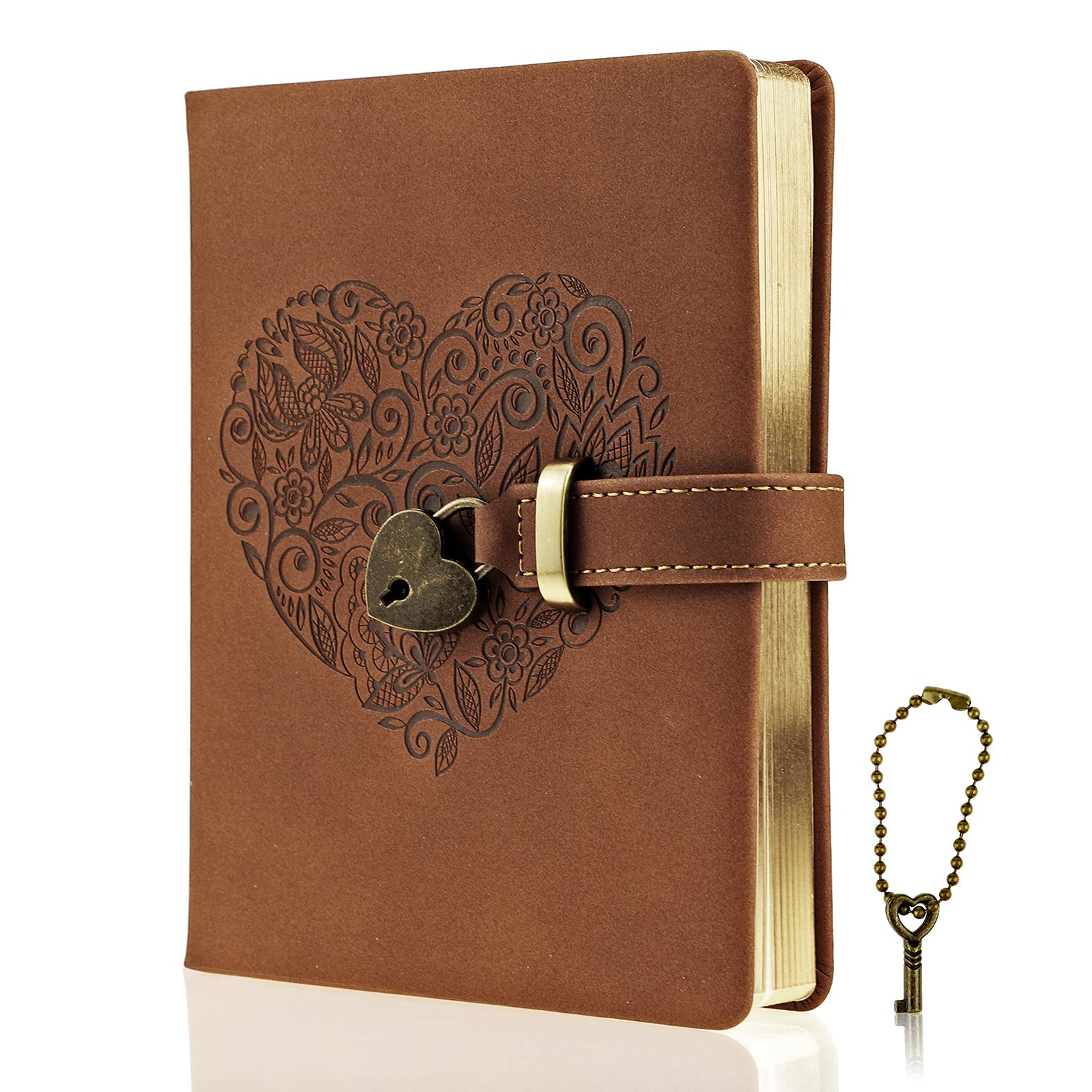 Mazeran Lock Journal, Heart Shaped Locking Leather Floral Embossing Hard Cover Gold Gild Edge Notebook Travel Diary, B6 Lined Lock with Key Personal Planner Organizer Gift for Girls Women Wife