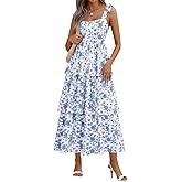 Wenrine Womens Summer Floral Maxi Dress Casual Tie Strap Sleeveless Ruffle Tiered Smocked Loose Boho Beach Dresses