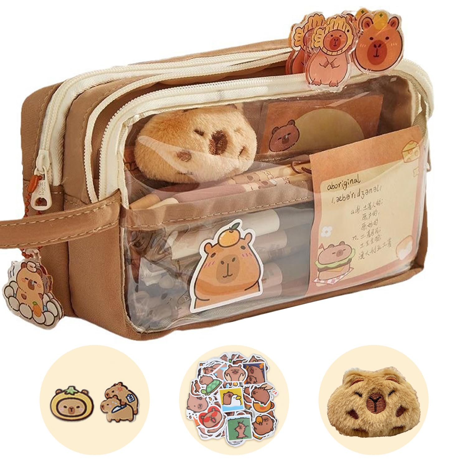 Large Capacity Multi-Layer Capybara Pencil Case - Stationery Bag With Zip and Stickers for Children, Students, Girls, Boys - Multifunctional, Coffee Colour, Nice and Modern