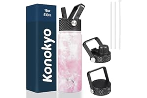 Konokyo Insulated Water Bottle 18oz Stainless Steel Water Bottles With 3 Lids Sports Water Bottle,Marble Blossom