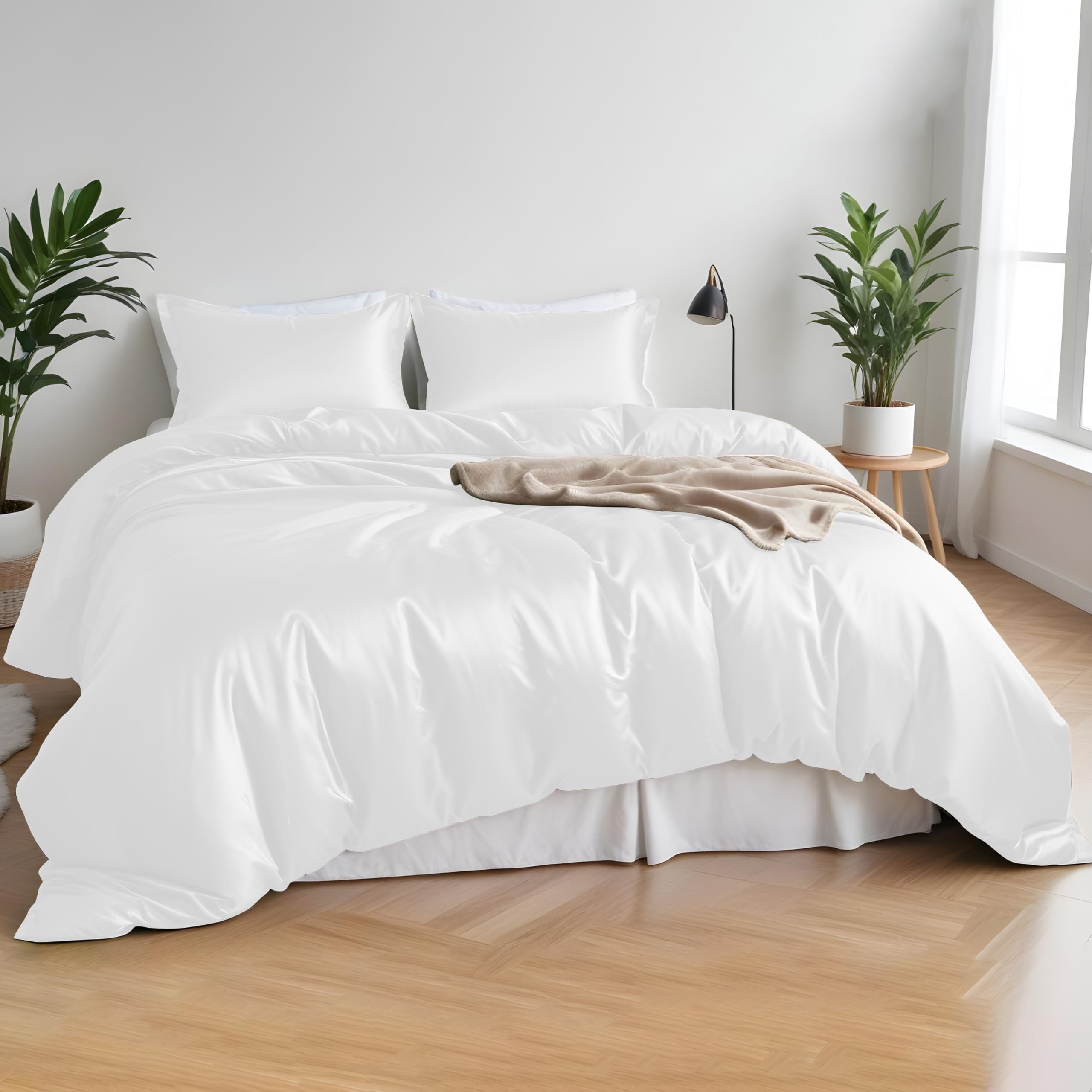 LINENWALAS 100% Organic Bamboo 4 Pcs Core Bedding Duvet Cover Set - 1 Duvet Cover, 1 Fitted Sheet & 2 Pillowcases Softest Cool Bedding Perfect for Skincare (King, White)