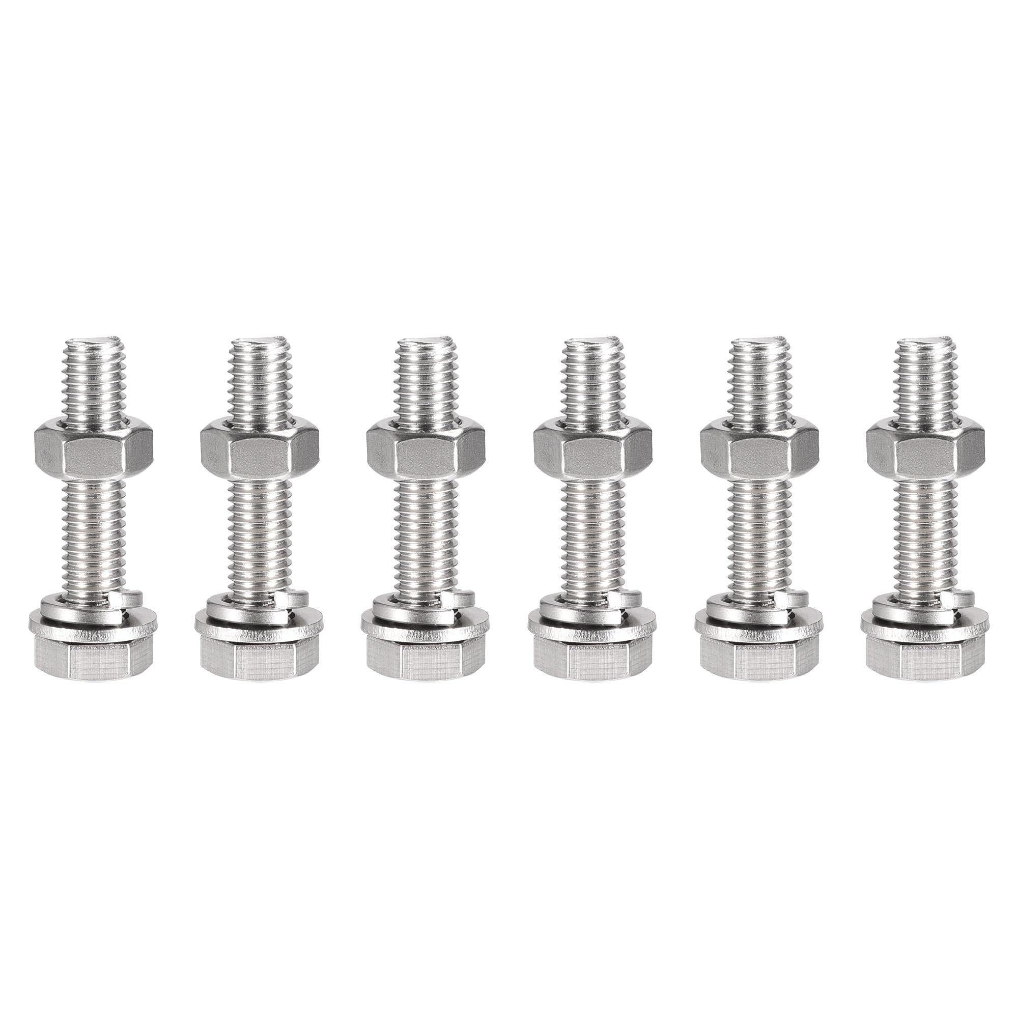 sourcing map M10 x 50mm Hex Head Screws Bolts, Nuts, Flat & Lock Washers Kits, 304 Stainless Steel Fully Thread Hexagon Bolts 6 Sets