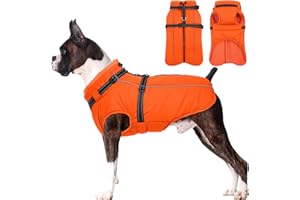 Lelepet Dog Winter Coat Waterproof Dog Jacket with Harness Built in Windproof Reflective Pet Coats for Small Medium Large Dogs, Thermal Fleece Lined Coats for Cold Weather Walking Hiking, Orange, L