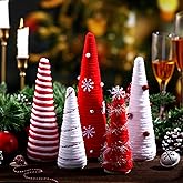 Realspring 5 Pcs Christmas Table Decorations Mini Artificial Wood Tree Xmas Decor Red White Tiered Tray Centerpieces Farmhouse Decor for Indoor Room Kitchen Home