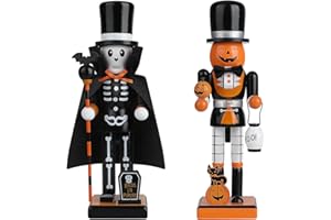 AULUDA 10" Halloween Decorative Nutcrackers, 2 Skeleton, Pumpkin Handmade Wooden Puppet Figures, Collectible Festive Present Figurine Shelves Tables Decorations