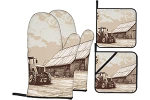Tractor 4pcs Oven Mitts and Potholders BBQ Gloves，Non-Slip Heat Resistant for Kitchen,Cooking,Baking