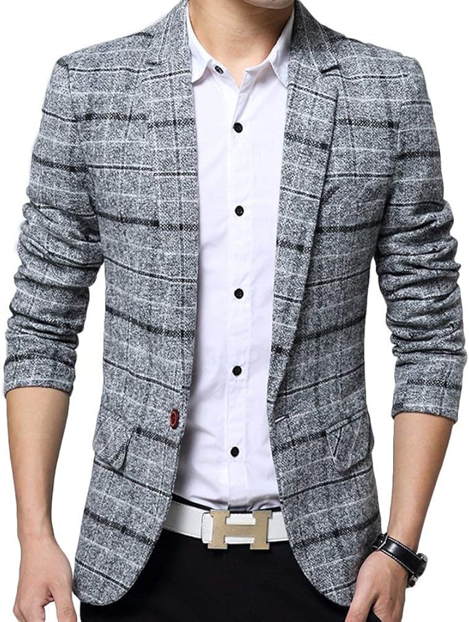 YOUTHUP Heren vintage geruite blazer 2 knopen slim fit geruit pak jas klassieke chique blazers, Grijs, M