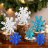 12 Pcs Christmas Snowflake Decorations - 3D Snowflake Table Centerpieces, White Wooden Snowflakes for Winter Wonderland & Holiday Table Decor (White, Blue, Dark Blue)