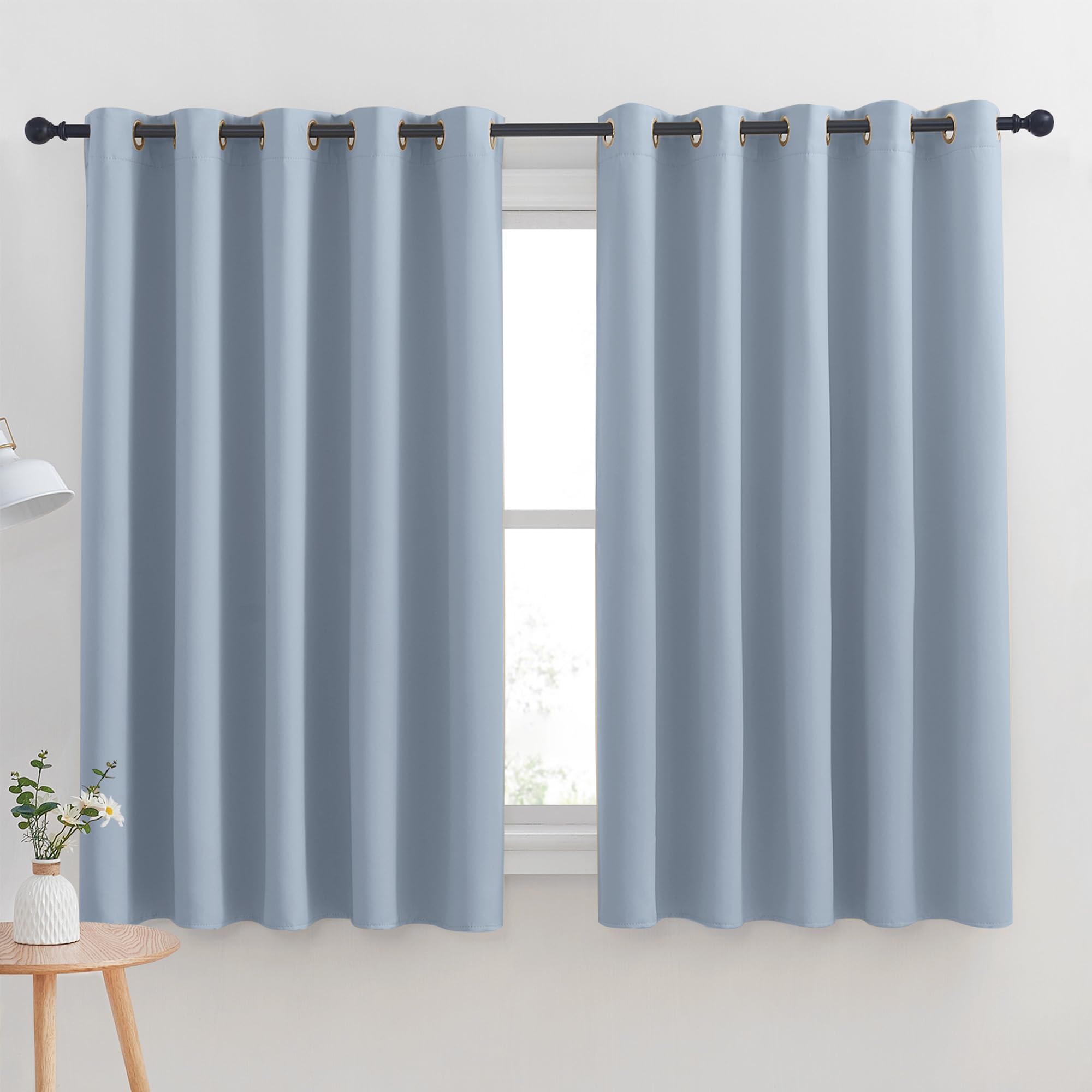 NICETOWN Blackout Curtain Panels for Bedroom, Vintage Blue, 2 Panels, W70 x L63-inch, Grey, Thermal Insulated Grommet Top Blackout Draperies and Drapes for Basement Image