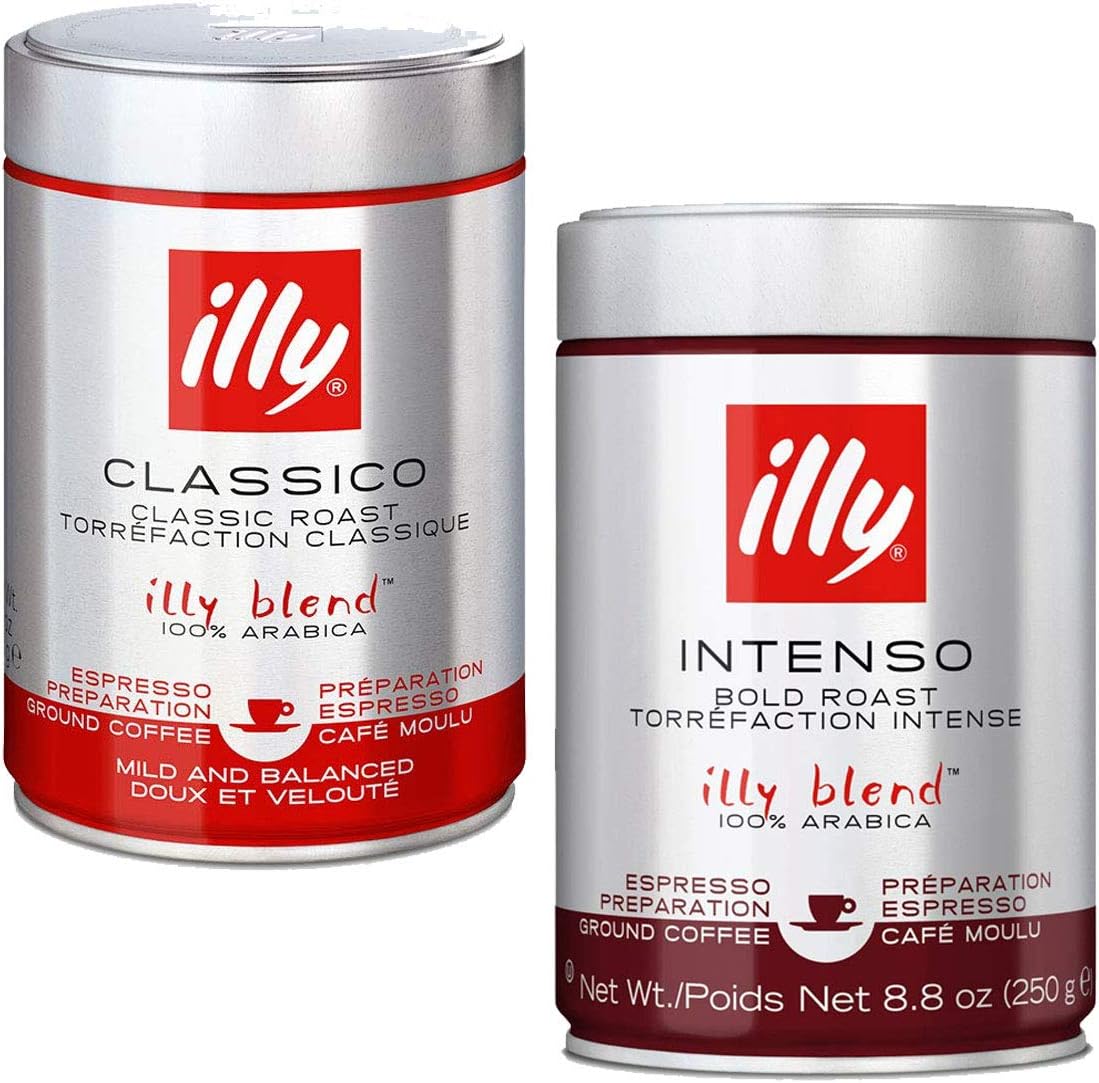 Illy Gourmet Ground Espresso Coffee | Classico Medium Roast + Intenso Dark Roast | 100% Arabica | 3 Can Of Each Flavor | 8.8oz
