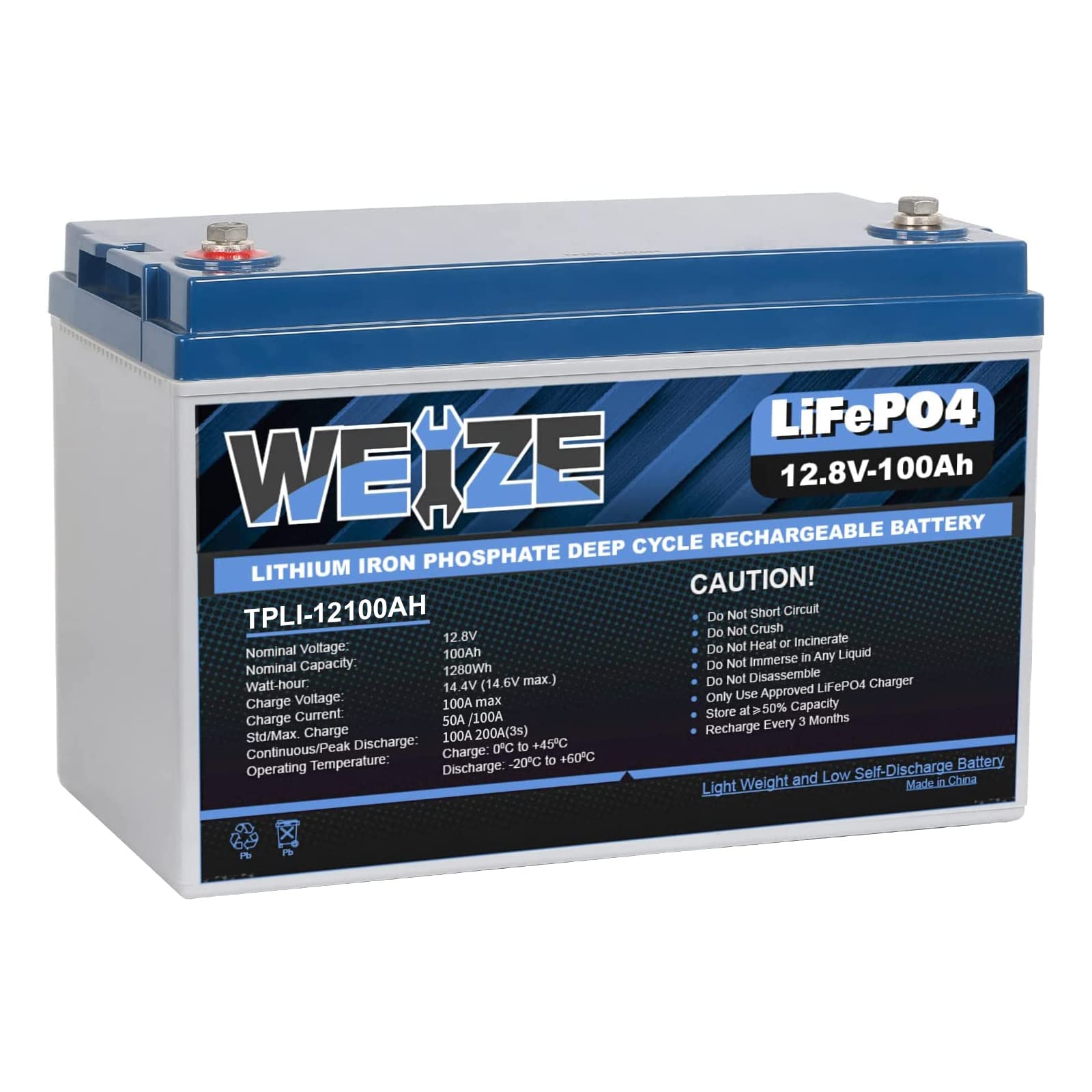 Weize 12V 100Ah LiFePO4 Lithium Battery, Built-in