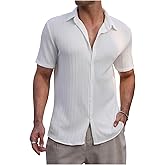 OYOANGLE Men's Button Down Textured Shirts Short Sleeve Summer Beach Casual Shirt Tops