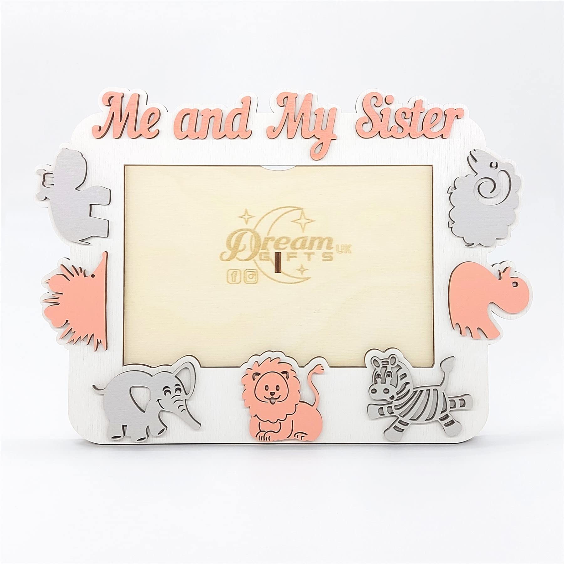 Me and My Sister Baby Hand Made Wooden Photo Frame Gift for Tabletop or Wall - Zoo (Peach)