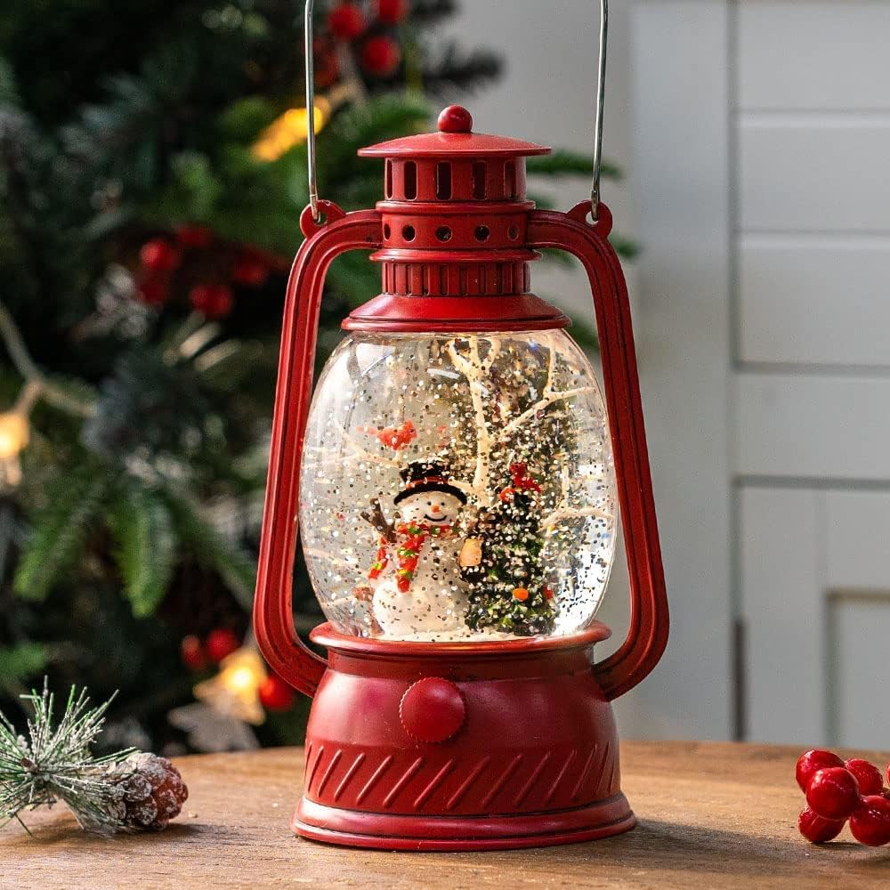 Snow Globes - Christmas Musical Red Snow Globe Lantern Spinning Water Glittering Snowman with Holiday Tree Scene, Battery & USB Powered Light for Home Decoration