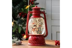 TIMEFLIES Christmas Musical Red Snow Globe Lantern Spinning Water Glittering Snowman with Holiday Tree Scene, Battery & USB Powered Light for Home Decoration