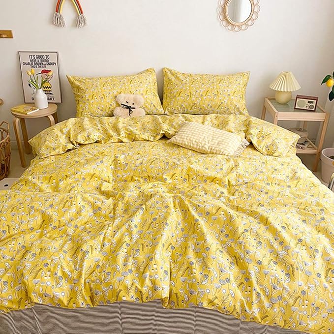 CLOTHKNOW Yellow Floral Comforter Sets Queen Cotton