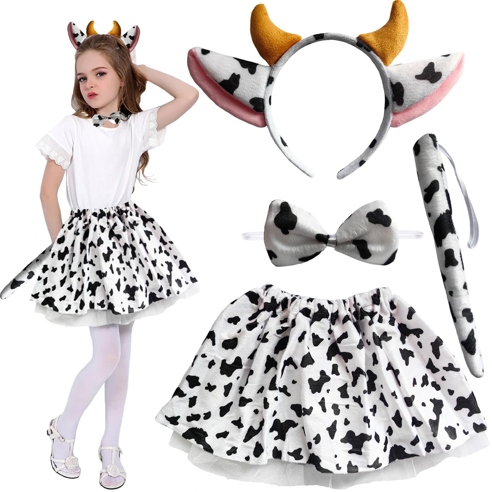 GugnRyAc 4 Pcs Cow Costume Set for Girls, Cow Outfit with Tutu Skirt, Ears Headband, Bowtie, Tail, Animal Fancy Dress for 3-10y Kids Carnival Halloween