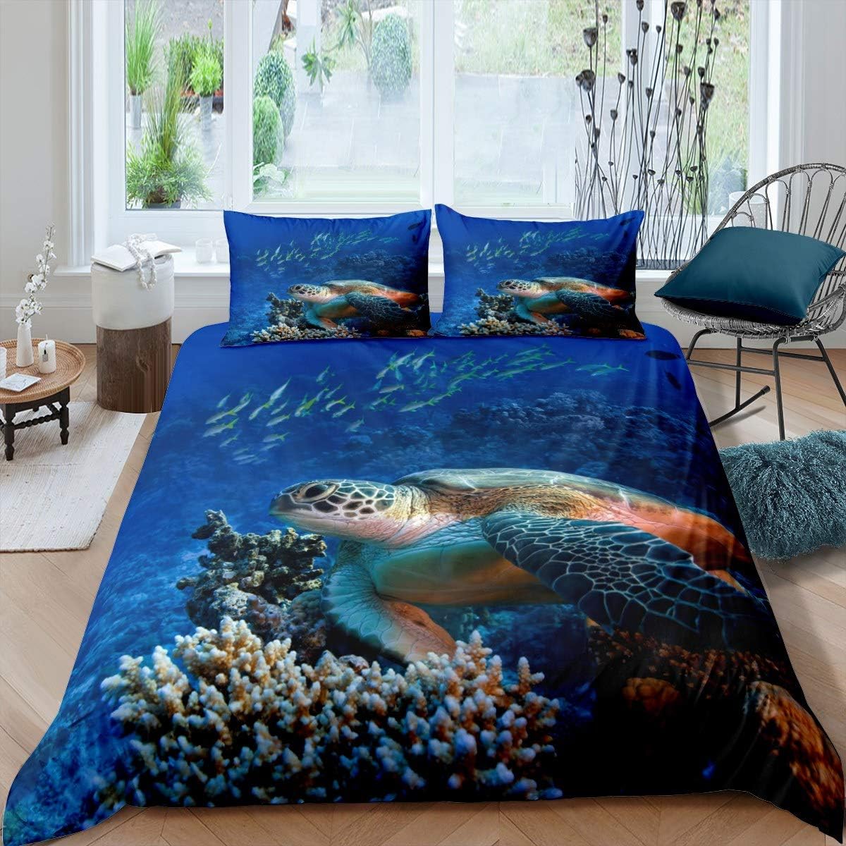 Tortoise Bedding Set Sea Turtle Print Comforter Cover for Kids Boys