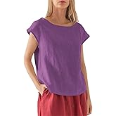 Amazhiyu Womens 100% Linen Casual Cap Sleeve Tops Basic Summer Loose Fit Blouse