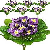 Daifunli 6 Pcs Summer Artificial Pansies for Outdoors, 9. 84 Inches Artificial Primroses Bushes Faux Plastic Flower Fake Plants Outdoor for Planters Indoor Outside Garden (Purple)