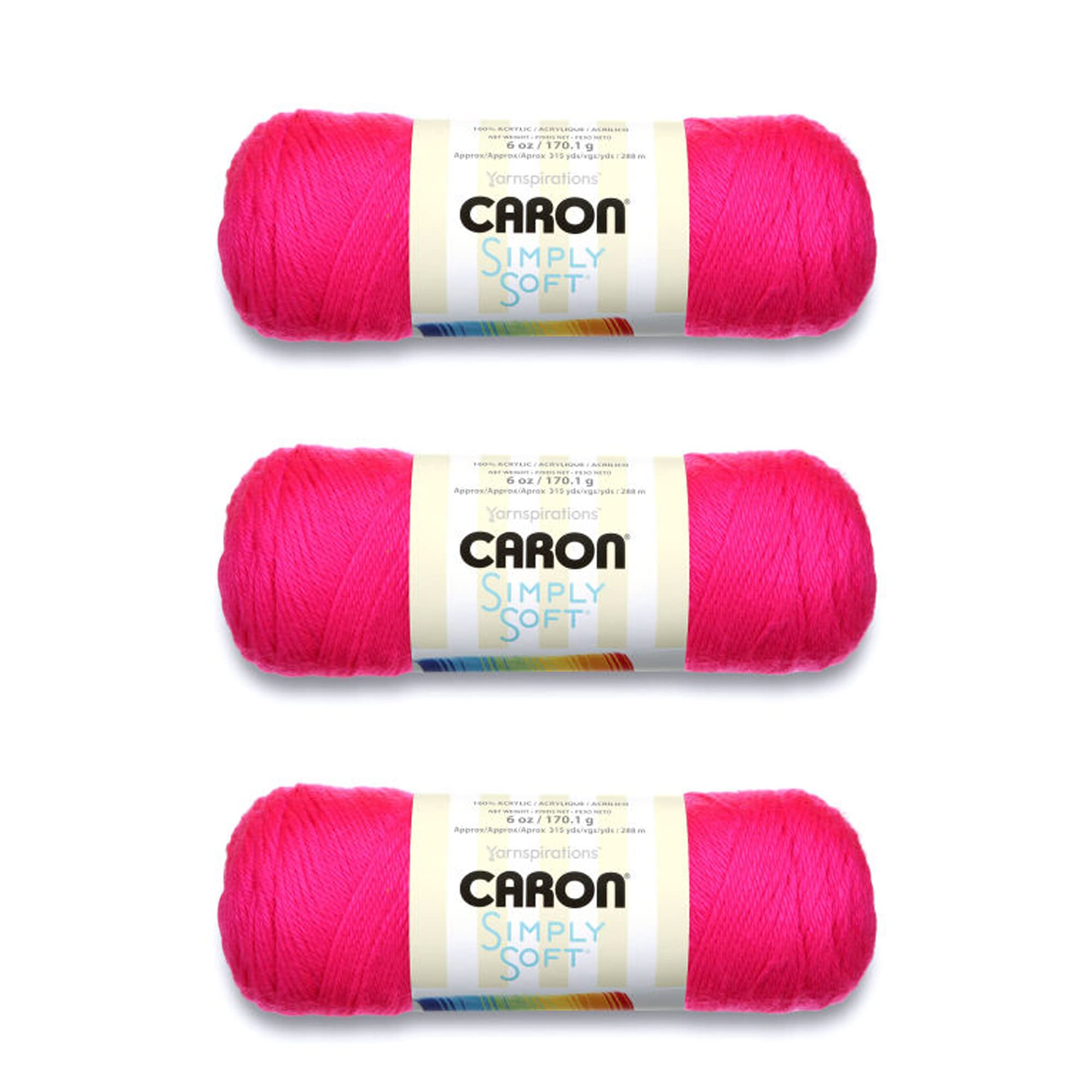 Caron Simply Soft Neon Pink Yarn - 3 Pack of 170g/6oz - Acrylic - 4 Medium (Worsted) - 315 Yards - Knitting/Crochet