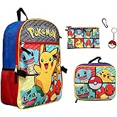 Pokemon 5 Piece Backpack Set Supply Case Key Chain Pendant Kids School Travel Backpack Set 16"