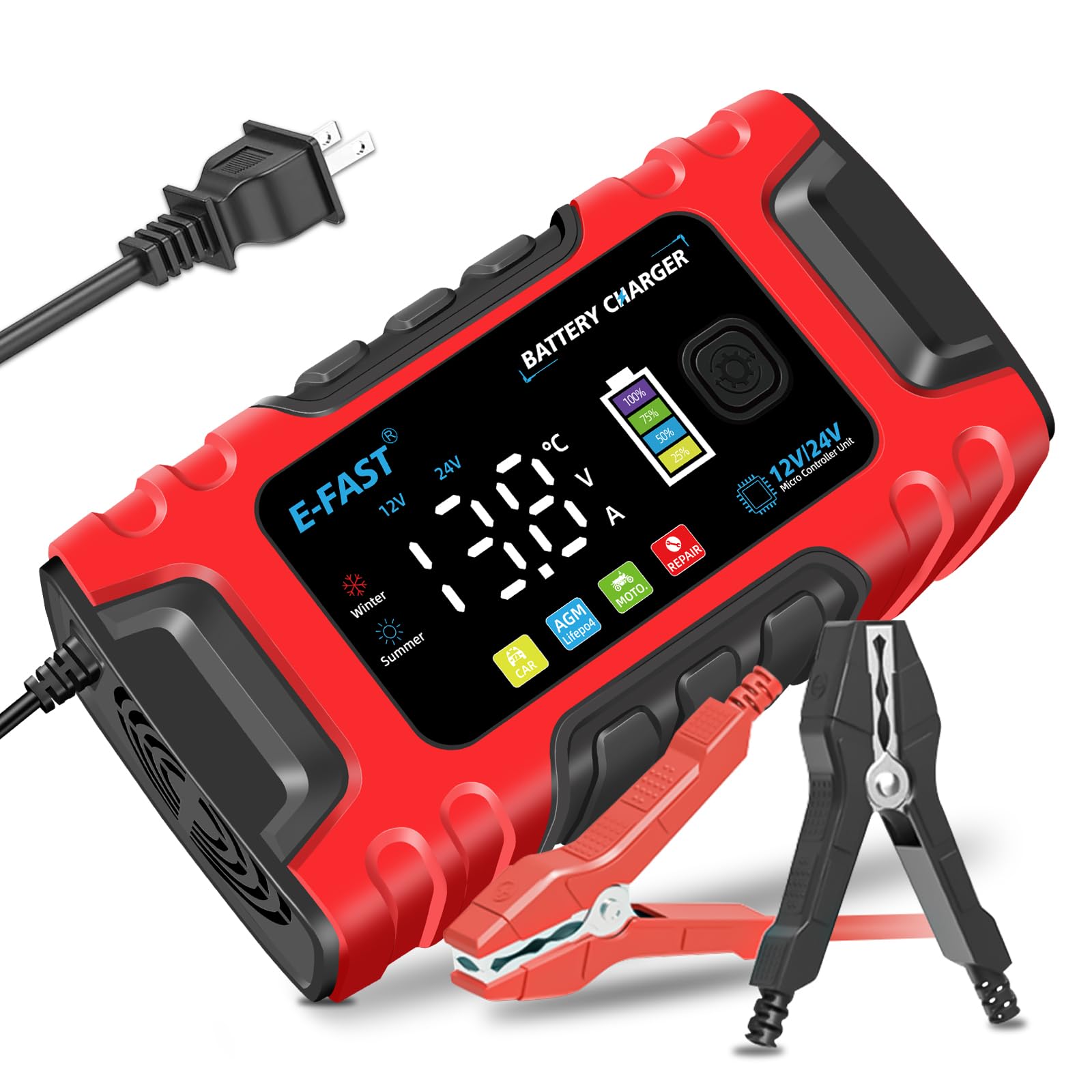 Photo 1 of E-FAST Battery Charger, 10A Lifepo4 Lead Acid 12V/24V Smart Car Battery Charger Battery Maintainer Trickle Charger, Battery Desulfator with Temperature Compensation for Truck Moto AGM Boat Batteries