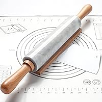PARMEDU Solid Marble Rolling Pin Set with Wooden Base, Silicone Baking Mat and Dough Scraper, 10-inch Roller White, Model BK0