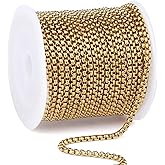33FT 18K Gold PVD Plated Rolo Box Chains Roll, 2.5mm Gold Stainless Steel Round Rolo Box Chain Spool Bulk for DIY Jewelry Making Necklace Bracelet
