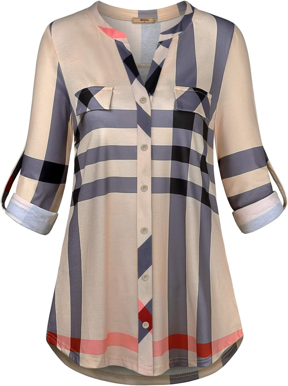 Miusey Plus Size Clothes,Womens Fashion Tunic Blouse Henley V Neck Classy Checked Shirts 3/4 Sleeve Button Down Tee Shirt Beige Plaid XXL