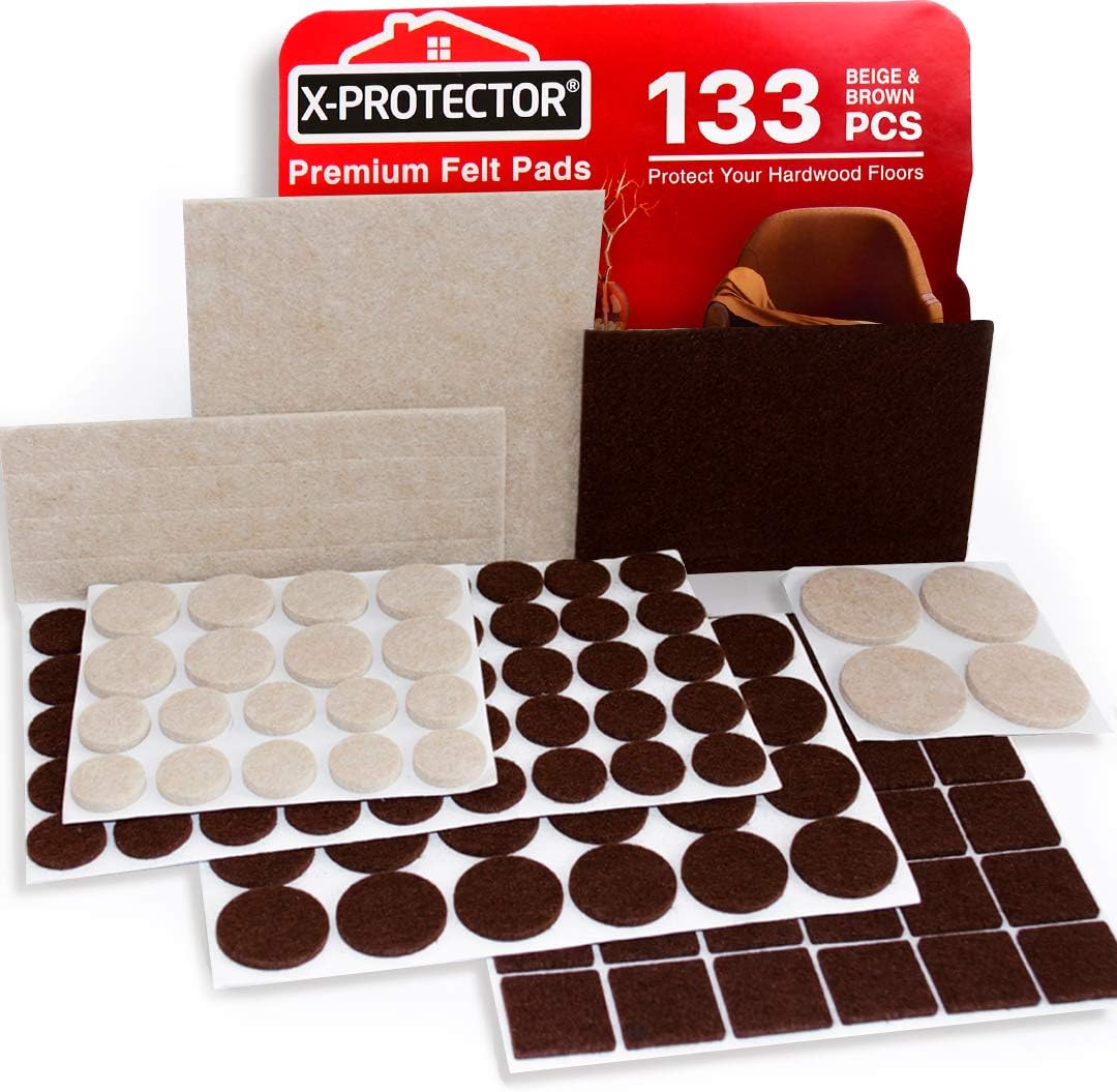 X-PROTECTOR Premium Two Colors Pack Furniture Pads 133 Piece! Felt Pads Furniture Feet Brown 106 + Beige 27 Various Sizes - Best Wood Floor Protectors. Protect Your Hardwood & Laminate Flooring - - 