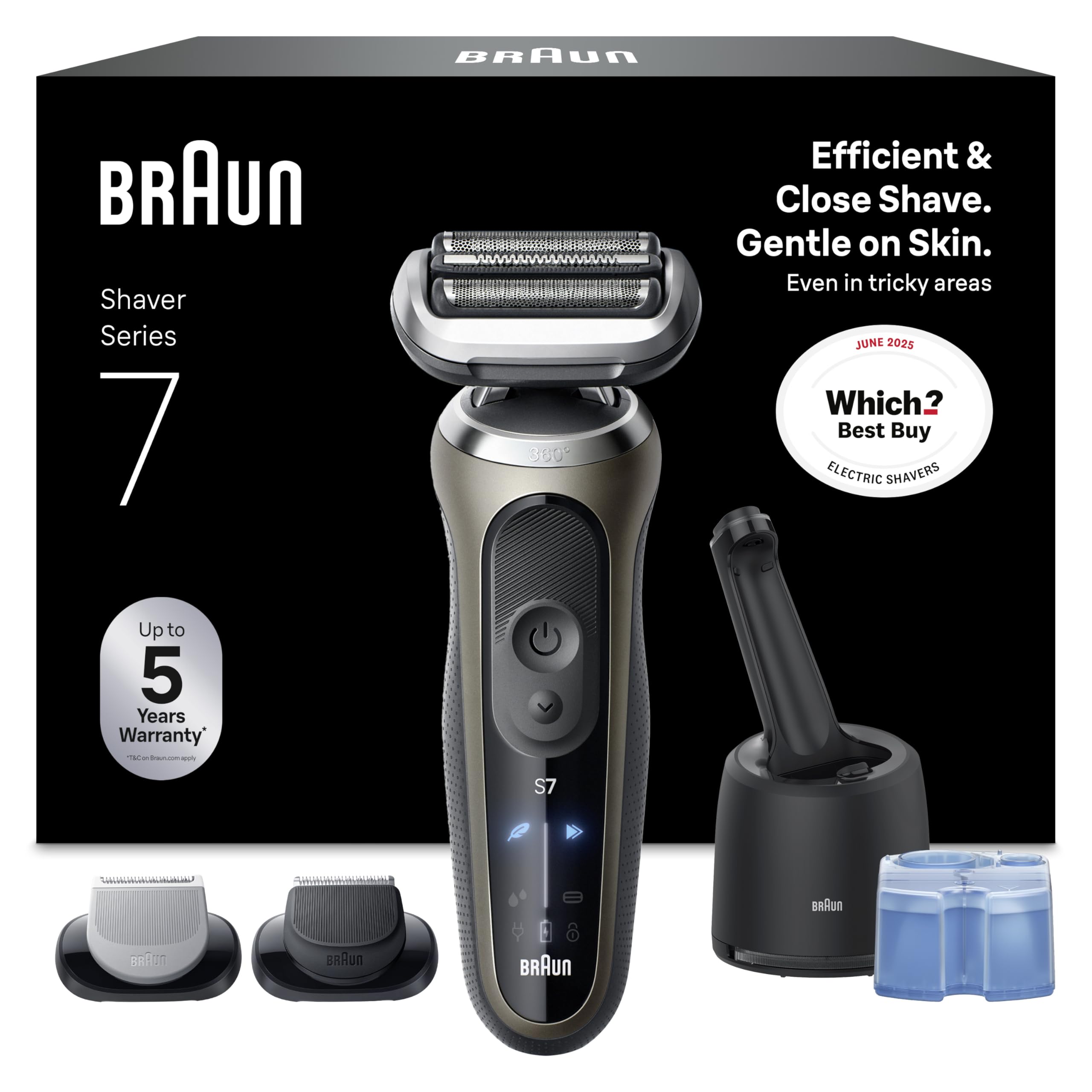 Braun Series 7 Electric Shaver for Men, Wet & Dry Shave, Waterproof Foil Shaver with Beard Trimmer & Body Groomer, Clean & Charge SmartCare Center, Engineered in Germany, Gold, 72-C7650cc